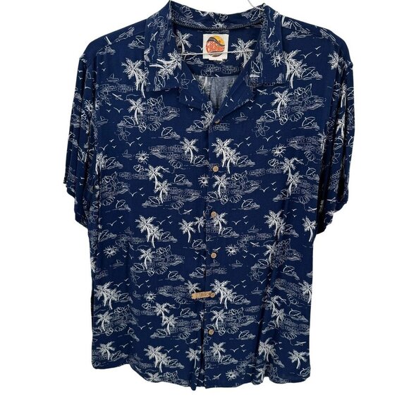 C&C California Navy & White Rayon Mens Hawaiian Button Down Shirt Size XL - Picture 1 of 5